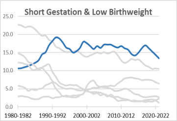 Short Gestation/Low Birthweight Death Rates (IMR 1980: 10.6 and IMR 2022: 14.4), 1980-2023