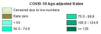 Color legend for COVID-19 Age-adjusted Rates by Counties